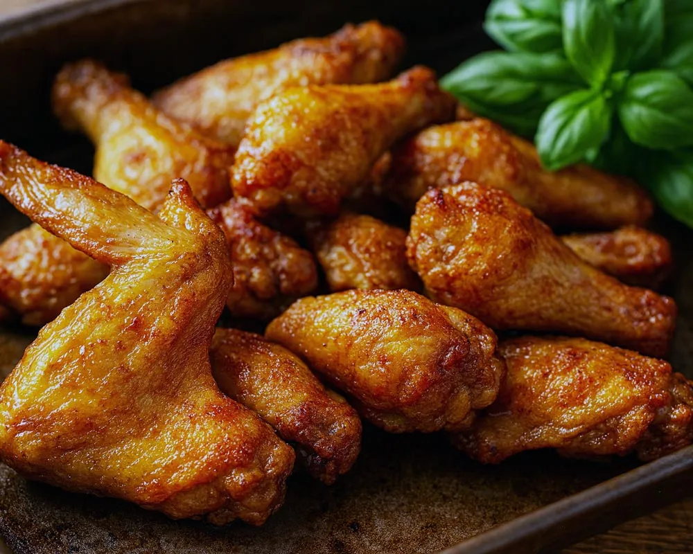 Sliced oven-baked chicken wings on a sheet pan with herbs and lemon, ready for meal prep.