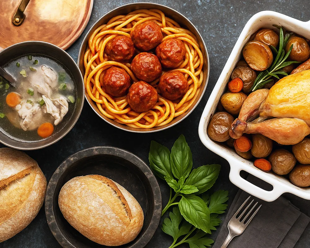 Overhead view of one-pot meals including pasta and stew dishes cooked in a single pot.