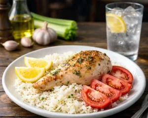 high protein chicken meal prep bowls with rice and vegetables in glass containers