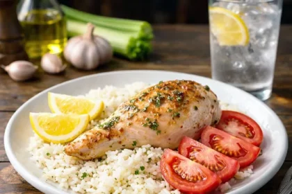 high protein chicken meal prep bowls with rice and vegetables in glass containers