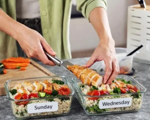 chicken meal prep stored in fridge-safe containers for weekly planning