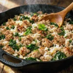one pot high protein turkey and spinach rice cooked in a skillet