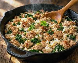 one pot high protein turkey and spinach rice cooked in a skillet