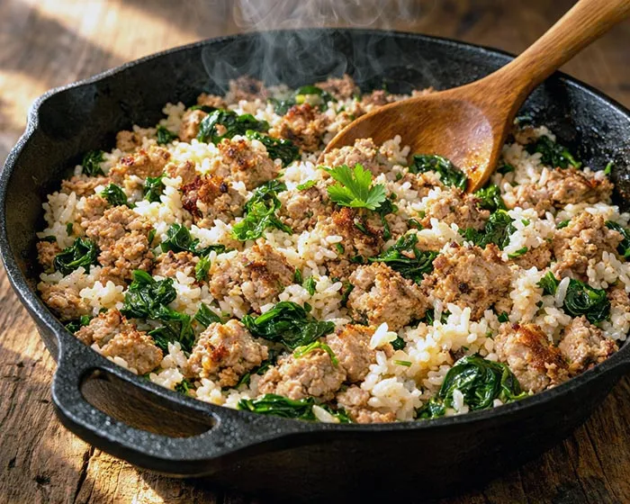 one pot high protein turkey and spinach rice cooked in a skillet